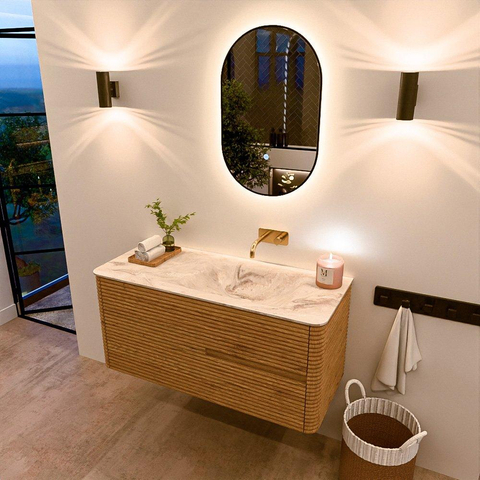 Mondiaz CIRO-DLUX Meuble de salle de bains - 110x45x50cm - lavabo solid surface Frappe - 1 vasque à droite - sans trous de robinetterie - 2 tiroirs - Chêne SW1530889