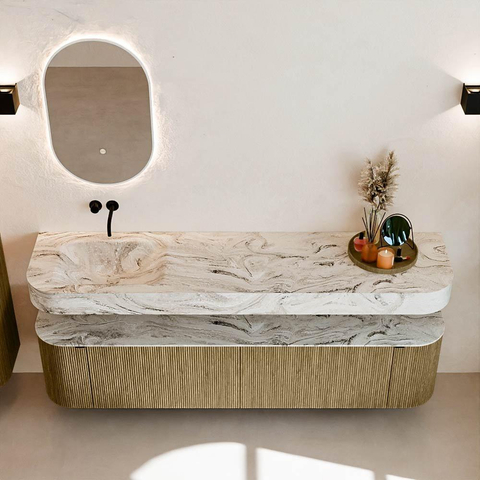 MONDIAZ THOR-DLUX Meuble de salle de bains 190cm arrondi gauche + droite couleur Dusk avec 2 tiroirs et 2 portes. Vasque suspendue CLOUD Gauche sans trou de robinet couleur Glace. SW1466465