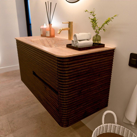 Mondiaz CIRO-DLUX Badkamermeubelset - 100x45x50cm - Solid surface wastafel Saba - 1 wasbak Midden - 1 kraangat - 2 lades - Walnut SW1530722