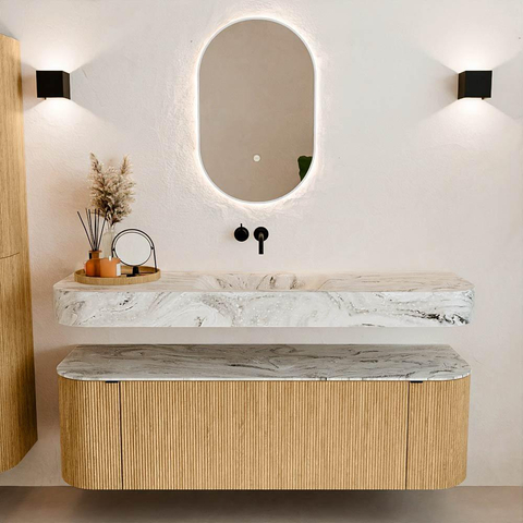 MONDIAZ THOR-DLUX 150cm badmeubel ronding links + rechts kleur Oak met 1 lade en 2 deuren. Vrijhangende wastafel CLOUD Midden zonder kraangat kleur Glace. SW1464641
