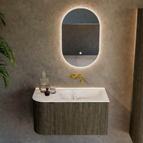Mondiaz KURVE-DLUX Ensemble de meuble de salle de bains - 85x46x40cm - 1 tiroir - 1 porte - lavabo solid surface - à droite - sans trou de robinet - Shadow SW1414319