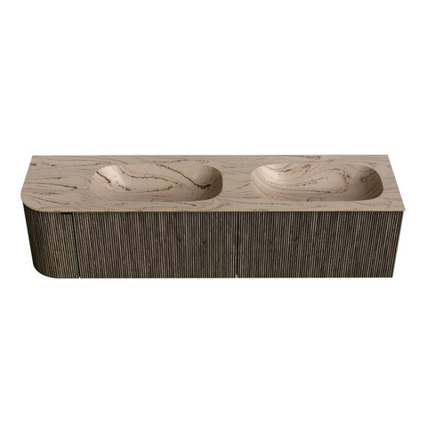 MONDIAZ KURVE-DLUX Meuble de salle de bains 175cm arrondi à gauche couleur Shadow avec 2 tiroirs et 1 porte. Lavabo STOR SMALL Double / Droite 2 trous de robinet Arena. SW1431323