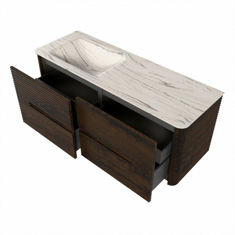 Mondiaz CIRO-DLUX Ensemble de meubles de salle de bains - 130x45x50cm - Plan-vasque solid surface Nata - 1 bassin à gauche - sans trous de robinet - 4 tiroirs - Noyer SW1530556