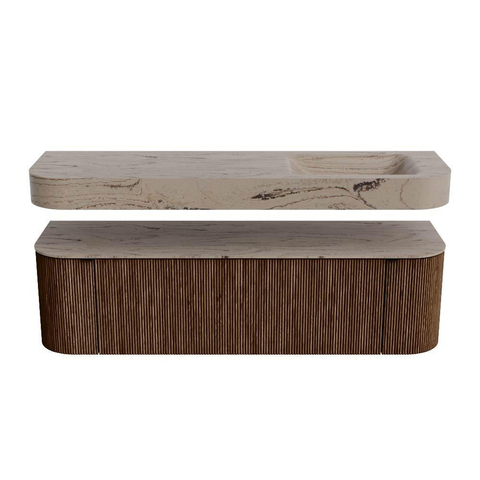 MONDIAZ THOR-DLUX 160cm meuble de salle de bains arrondi gauche + droite couleur Walnut avec 1 tiroir et 2 portes. Vasque suspendue CLOUD droite 1 trou de robinet couleur Arena. SW1465109