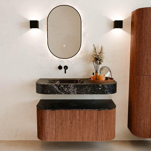 MONDIAZ THOR-DLUX Meuble de salle de bains - 100cm - arrondi gauche + droite - couleur Ruby - 1 tiroir - 2 portes - Vasque suspendue CLOUD Gauche sans trou de robinet - couleur Lava SW1467423