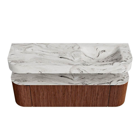 MONDIAZ THOR-DLUX 150cm meuble de salle de bains arrondi gauche + droite couleur Ruby avec 1 tiroir et 2 portes. Vasque suspendue CLOUD Droite 1 trou de robinet couleur Glace. SW1464556