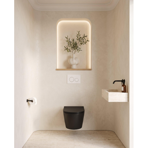 QeramiQ Dely Pack WC - 36,3x51,7cm - à fond creux - sans bride - réservoir encastré Geberit UP320 - abattant WC softclose 35 mm - plaque de déclenchement blanche brillante - boutons ronds - noir mat SW1235420
