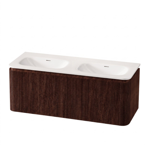 Royal Plaza Terra Edge Ensemble meuble de salle de bains - 120x44.7x46cm - vasque en solid surface blanc mat - 2 vasques - sans trous de robinet - 2 tiroirs - châtaignier (noyer) SW1471919