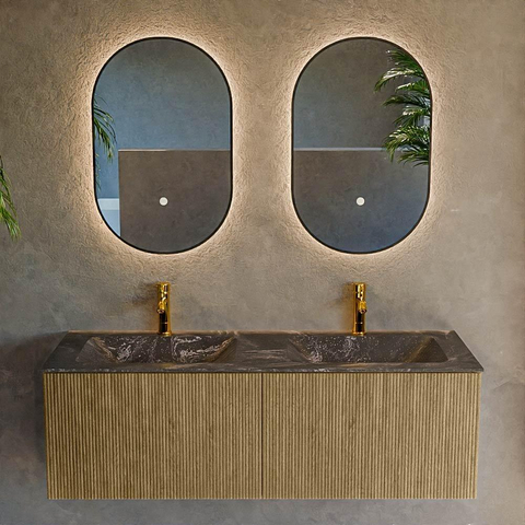 Mondiaz KURVE-DLUX Ensemble meuble de salle de bains - 130x46x40cm - 2 tiroirs - lavabo solid surface - double - 2 trous de robinet - Dusk SW1415531
