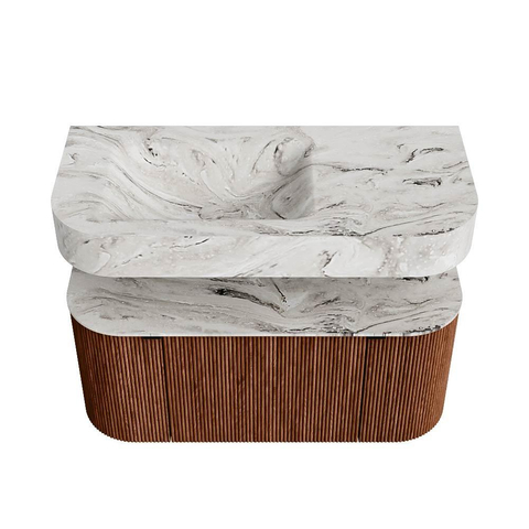 MONDIAZ THOR-DLUX 100cm meuble de salle de bains arrondi gauche + droite couleur Ruby avec 1 tiroir et 2 portes. Vasque suspendue CLOUD Gauche sans trou de robinet couleur Glace. SW1467410