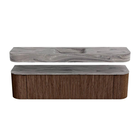 MONDIAZ THOR-DLUX 180cm badmeubel ronding links + rechts kleur Walnut met 2 lades en 2 deuren. Vrijhangende wastafel CLOUD Midden 1 kraangat kleur Sombra. SW1466274