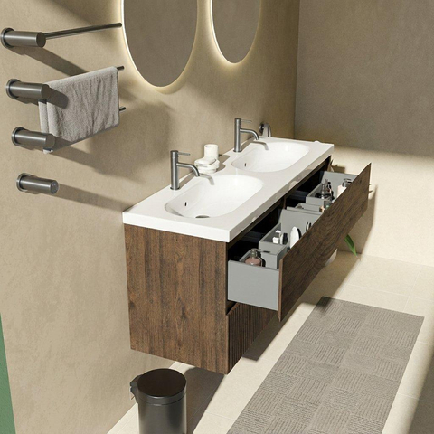 Saniclass Holz Atelier Badkamermeubelset - 140x45x63.5cm - Palermo keramische wastafel wit - 2 wasbakken - 2 kraangaten - 4 lades - mat eiken charcoal (hout) SW1579430