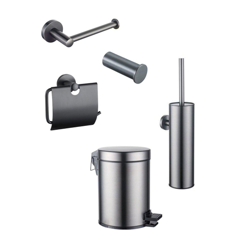 Fortifura Calvi Toiletset 5-delig - toiletrolhouder - reserverolhouder - toiletborstelhouder - handdoekhaak - pedaalemmer - PVD - geborsteld gunmetal (antraciet) SW1443511