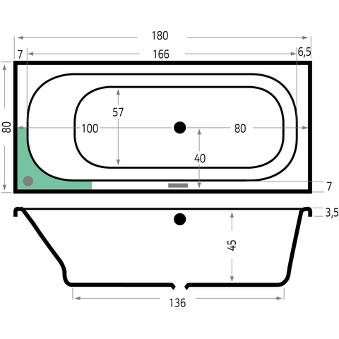 Xenz Aruba Ligbad - 180x80x48 - afvoer Midden - acryl - cement SHOW25674