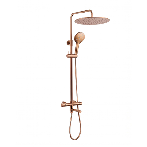 Fortifura Calvi Ensemble de douche pluie - thermostatique - pomme de douche 30cm - flexible lisse - douchette ronde - bec de baignoire pivotant - Cuivre brossé PVD (Cuivre) SW1592476