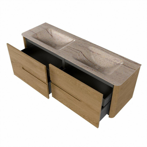 Mondiaz CIRO-DLUX Ensemble de meubles de salle de bains - 150x45x50cm - Plan vasque Solid Surface Saba - 2 vasques Double - 2 trous de robinetterie - 4 tiroirs - Chêne SW1531230