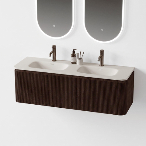 Royal Plaza Terra Edge Ensemble meuble de salle de bains - 140x44.7x46cm - vasque en solid surface blanc mat - 2 vasques - 2 trous de robinet - 2 tiroirs - châtaignier (noyer) SW1471921