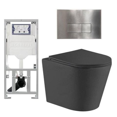 QeramiQ Dely Toiletset - 36.3x51.7cm - diepspoel - rimless - Geberit UP320 inbouwreservoir - met Burda frame - softclose toiletzitting - steel bedieningsplaat - rechtehoekige knoppen - mat zwart SW804624