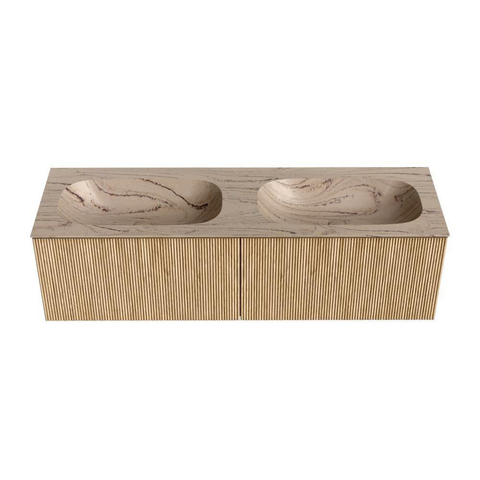 MONDIAZ KURVE-DLUX 150cm badmeubel kleur Oak met 2 lades en 0 deuren. Wastafel STOR SMALL Dubbel zonder kraangat Arena. SW1431161