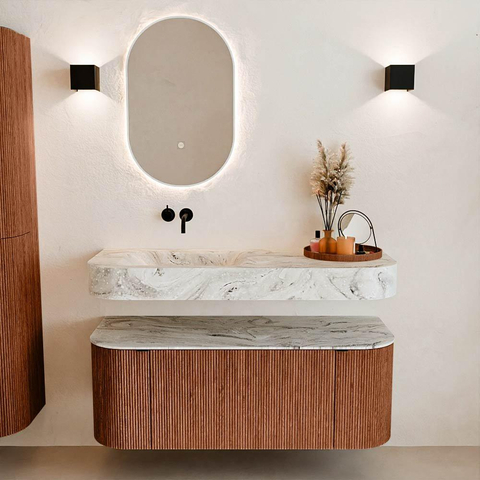 MONDIAZ THOR-DLUX 120cm meuble de salle de bains arrondi gauche + droite couleur Ruby avec 1 tiroir et 2 portes. Vasque suspendue CLOUD Gauche sans trou de robinet couleur Glace. SW1467647