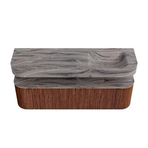 MONDIAZ THOR-DLUX 160cm meuble de salle de bains arrondi gauche + droite couleur Ruby avec 1 tiroir et 2 portes. Vasque suspendue CLOUD droite sans trou de robinet couleur Sombra. SW1465389