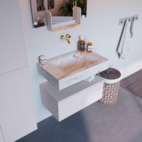 Mondiaz ALAN-DLUX Ensemble de meuble - 70cm - meuble Cale mat - 1 tiroir - Lavabo Cloud Frappe suspendu - vasque Centre - 0 trous de robinet SW805101