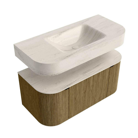 MONDIAZ THOR-DLUX 100cm meuble de salle de bains arrondi gauche + droite couleur Dusk avec 1 tiroir et 2 portes. Vasque suspendue CLOUD Milieu sans trou de robinet couleur Meli. SW1467477