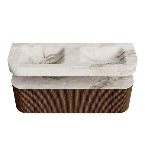 MONDIAZ THOR-DLUX 140cm meuble de salle de bains arrondi gauche + droite couleur Walnut avec 1 tiroir et 2 portes. Vasque suspendue CLOUD Double 2 trous de robinet couleur Frappe. SW1463943