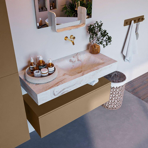 Mondiaz ALAN-DLUX Ensemble de meuble - 100cm - meuble Oro mat - 1 tiroir - Lavabo Cloud Frappe suspendu - vasque Droite - 0 trous de robinet SW805050