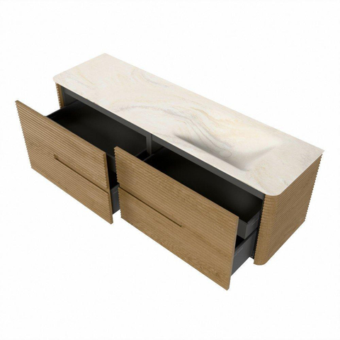 Mondiaz CIRO-DLUX Ensemble de meubles de salle de bains - 160x45x50cm - vasque solid surface Ostra - 1 bassin à droite - sans trous de robinet - 4 tiroirs - chêne SW1530939