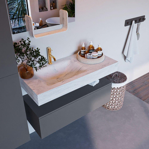 Mondiaz ALAN-DLUX Ensemble de meuble - 100cm - meuble Plata mat - 1 tiroir - Lavabo Cloud Opalo suspendu - vasque Gauche - 1 trou de robinet SW807059