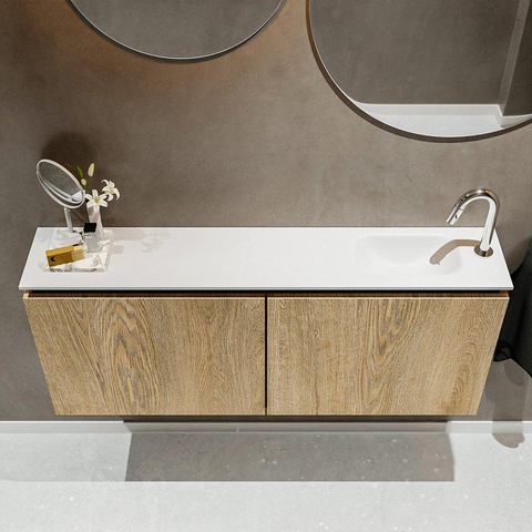 MONDIAZ TURE Toiletmeubel 120x23x50cm met 1 kraangaten 2 deuren washed oak mat Wastafel Eden rechts Solid Surface Wit SW475147