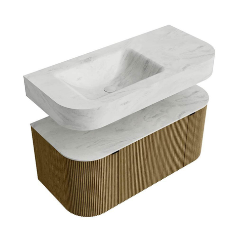 MONDIAZ THOR-DLUX 100cm meuble de salle de bains arrondi gauche + droite couleur Dusk avec 1 tiroir et 2 portes. Vasque suspendue CLOUD Gauche sans trou de robinet couleur Opalo. SW1467350