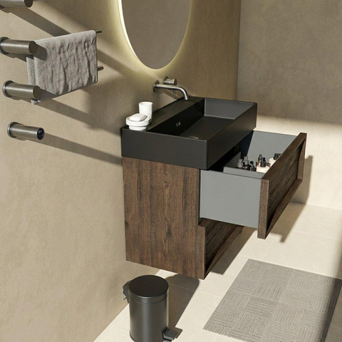 Saniclass Holz Frame Badkamermeubelset - 80x45x72cm - Legend keramische wastafel mat zwart - 1 wasbak - zonder kraangat - 2 lades - mat eiken charcoal (hout) SW1580090