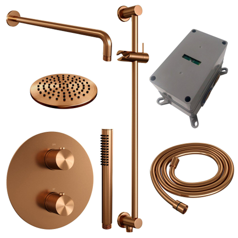 BRAUER Copper Carving thermostatische Inbouw Regendouche - 3-weg - rond - set 87 - 20cm hoofddouche - gebogen muurarm - staaf handdouche - doucheslang - geïntegreerde glijstang - koper geborsteld PVD SW1159241