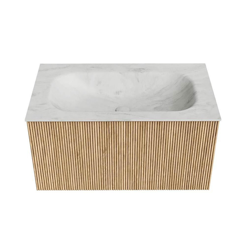 MONDIAZ KURVE-DLUX Meuble de salle de bains 80cm couleur Oak avec 1 tiroir. Lavabo BIG SMALL central 1 trou de robinet couleur Opalo. SW1138539
