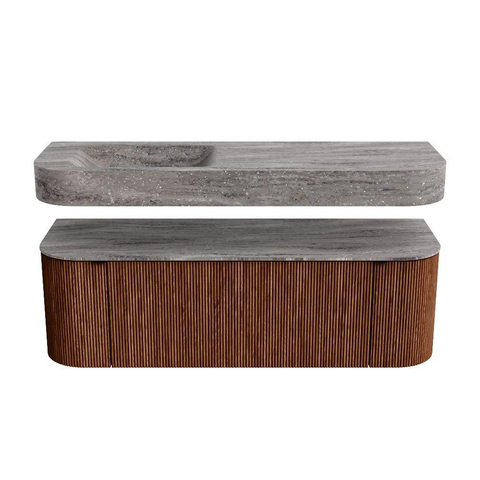 MONDIAZ THOR-DLUX 140cm badmeubel ronding links + rechts kleur Ruby met 1 lade en 2 deuren. Vrijhangende wastafel CLOUD Links 1 kraangat kleur Oza. SW1464263