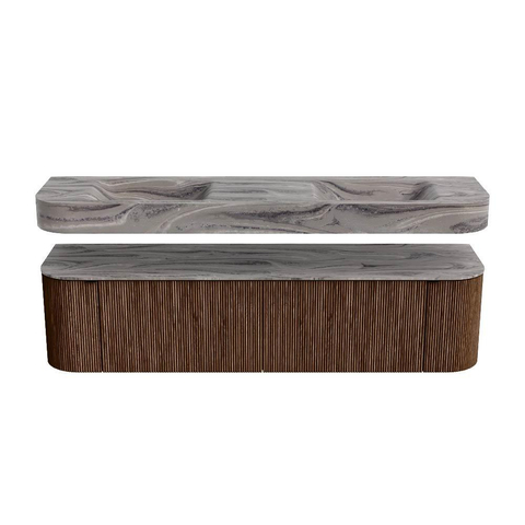 MONDIAZ THOR-DLUX 180cm badmeubel ronding links + rechts kleur Walnut met 2 lades en 2 deuren. Vrijhangende wastafel CLOUD Dubbel zonder kraangat kleur Sombra. SW1466280