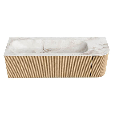 MONDIAZ KURVE-DLUX meuble de salle de bains 145 cm avec module 25 R couleur Chêne avec 1 tiroir et 1 porte. Lavabo BIG LARGE gauche sans trou de robinet couleur Frappe. SW1137361