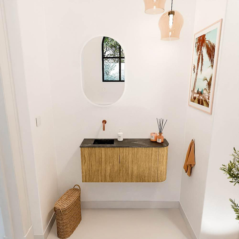 Mondiaz JOYA-DLUX 91.6cm meuble de salle de bains WC - arrondi droit couleur Chêne - Vasque FAYE position Gauche Sans trou de robinet couleur Lava SW1422076