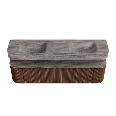 MONDIAZ THOR-DLUX 180cm badmeubel ronding links + rechts kleur Walnut met 2 lades en 2 deuren. Vrijhangende wastafel CLOUD Dubbel zonder kraangat kleur Oza. SW1466300