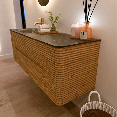 Mondiaz CIRO-DLUX Ensemble de meuble de salle de bains - 140x45x50cm - Vasque en solid surface Lava - 1 lavabo à gauche - 1 trou de robinet - 4 tiroirs - Chêne SW1531115