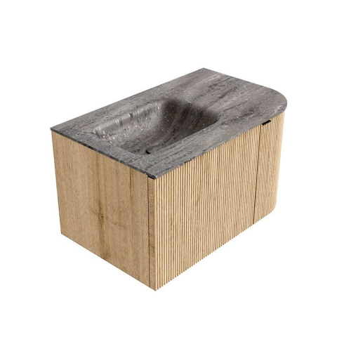 MONDIAZ KURVE-DLUX Meuble de salle de bains 75cm arrondi à droite couleur Oak avec 1 tiroir et 1 porte. Lavabo GRUNNE à gauche sans trou de robinet Oza. SW1432603