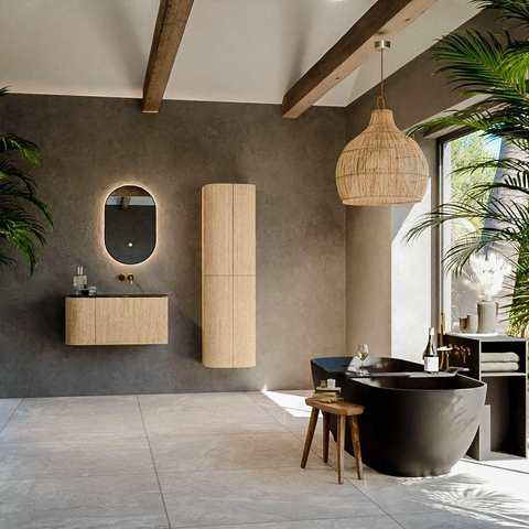 MONDIAZ KURVE-DLUX Meuble de salle de bains 85 cm avec module 25 L couleur chêne avec 1 tiroir et 1 porte. Lavabo CLOUD à droite sans trou de robinet couleur lave. SW1138085
