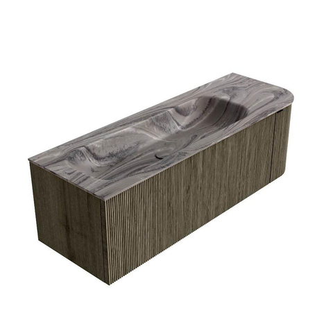 MONDIAZ KURVE-DLUX Meuble de salle de bains 135cm arrondi à droite couleur Shadow avec 1 tiroir et 1 porte. Lavabo BIG MEDIUM à gauche sans trou de robinet Sombra. SW1433769