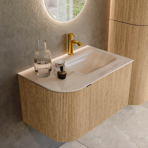 MONDIAZ KURVE-DLUX meuble de salle de bains 75cm arrondi à gauche couleur chêne avec 1 tiroir et 1 porte. Lavabo GRUNNE à droite 1 trou de robinet Meli. SW1431589