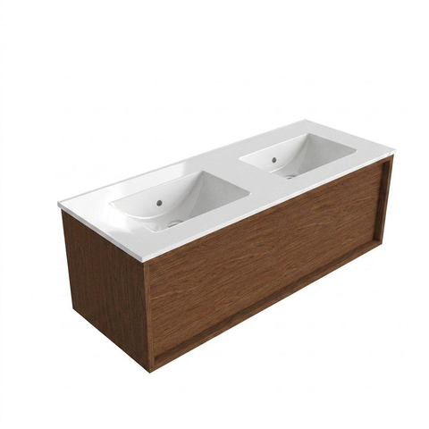 Saniclass Holz Frame Meuble de salle de bain - 120x45x40cm - lavabo en céramique blanc - 2 vasques - 2 trous de robinet - 1 tiroirs - Walnut pure SW1441848