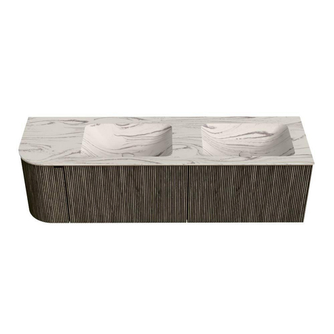 MONDIAZ KURVE-DLUX Meuble de salle de bains 155 cm arrondi à gauche couleur Shadow avec 2 tiroirs et 1 porte. Lavabo LEAF Double / à droite sans trou de robinet Nata. SW1432332