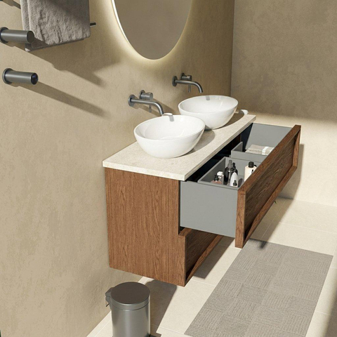 Saniclass Holz Frame Ensemble meuble de salle de bains - 120x45x63cm - Plan de travail en pierre naturelle travertin - sans trou de robinet - 2 tiroirs - mat walnut pure (bois) SW1580038