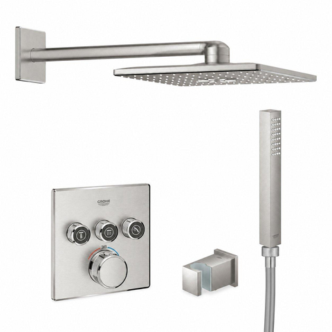 GROHE SmartControl Ensemble de douche de pluie encastré – boîtiers d'encastrement – boutons anthracite – douche de tête carrée – douchette à main bâton – SuperSteel brossé SW1580637